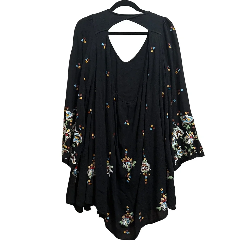 Free People Black Oxford Embroidered Cutout Back Mini Dress Boho Size Small